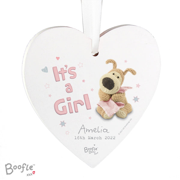 Personalised Boofle It's a Girl Wooden Heart Hanging Decoration