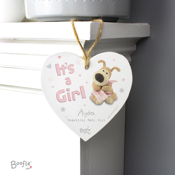 Personalised Boofle It's a Girl Wooden Heart Hanging Decoration