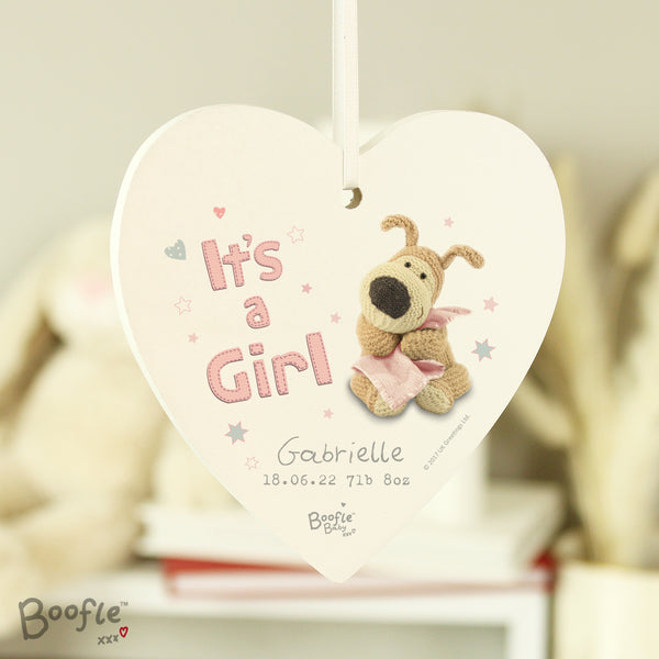 Personalised Boofle It's a Girl Wooden Heart Hanging Decoration