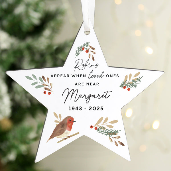 Personalised Robin Memorial Star Hanging Decoration