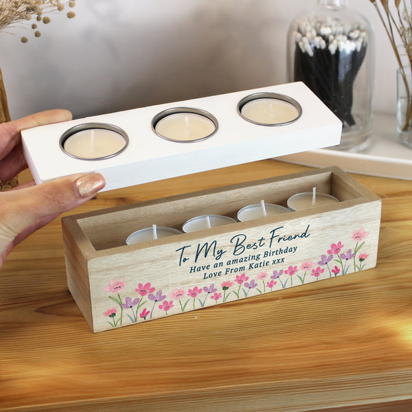 Personalised Floral Wooden Triple Tea Light Box Candle Holder