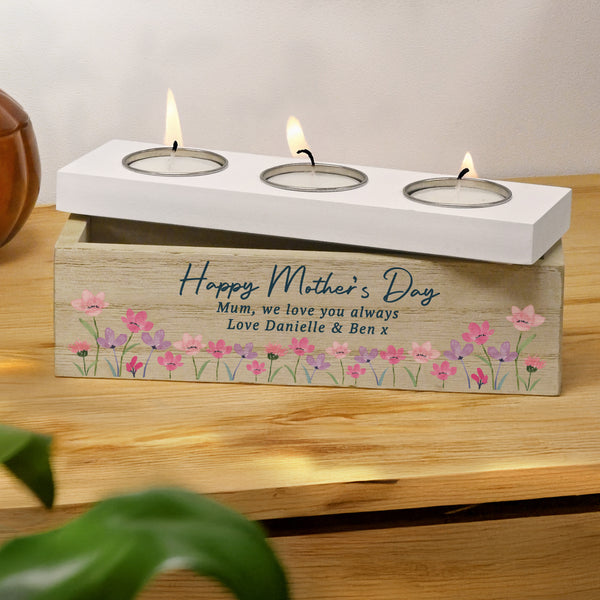 Personalised Floral Wooden Triple Tea Light Box Candle Holder