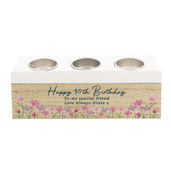 Personalised Floral Wooden Triple Tea Light Box Candle Holder
