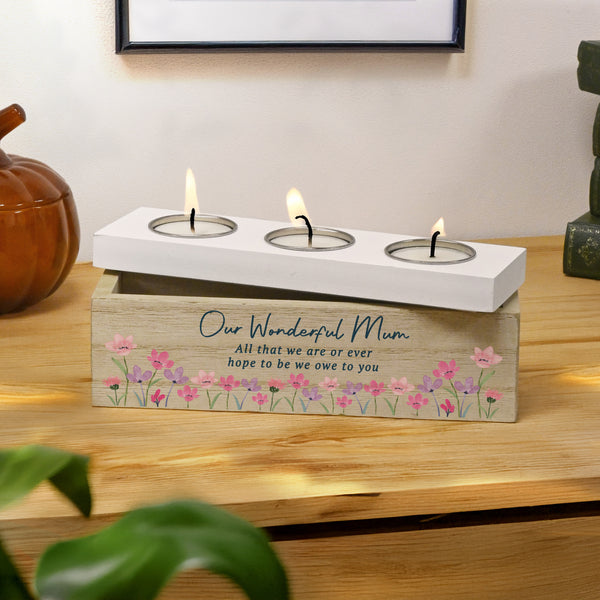 Personalised Floral Wooden Triple Tea Light Box Candle Holder