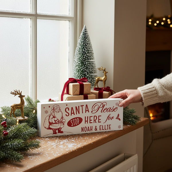 Personalised Santa Stop Here Wooden Mantle Block