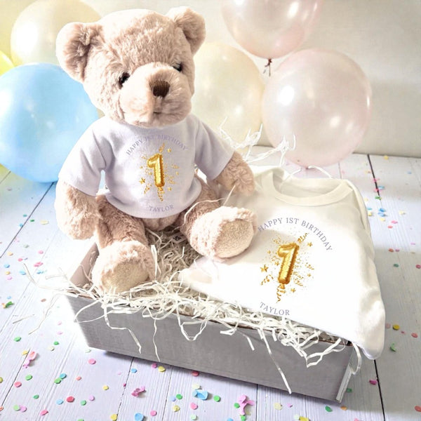 Personalised 1st Birthday Gold Balloon Gift Hamper - Teddy & Baby Vest