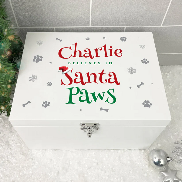 Personalised White Wooden Santa Paws Pet Christmas Eve Box