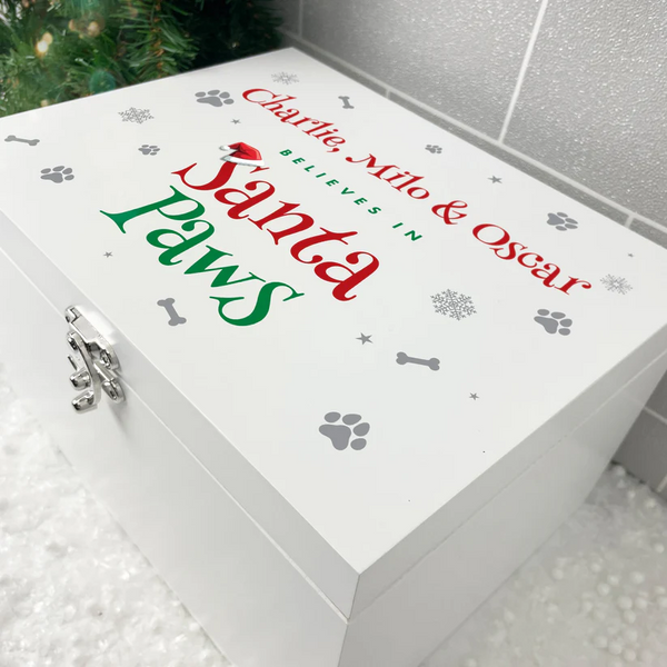 Personalised White Wooden Santa Paws Pet Christmas Eve Box