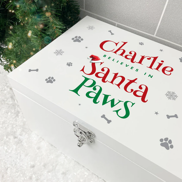 Personalised White Wooden Santa Paws Pet Christmas Eve Box
