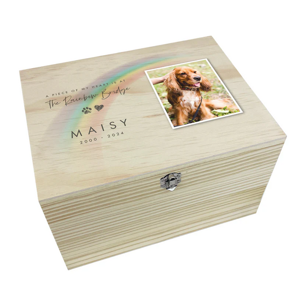 Personalised Wooden Soft Rainbow Bridge Photo Pet Keepsake Box