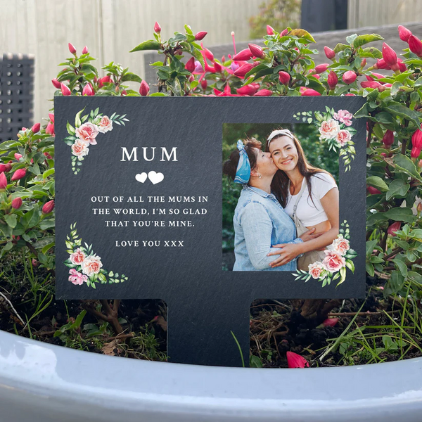 Personalised Pink Floral Photo Upload Plant Slate Garden Sign