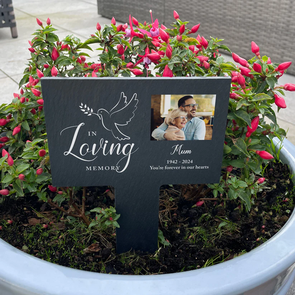 Personalised Dove In Loving Memory Photo Upload Slate Garden Sign