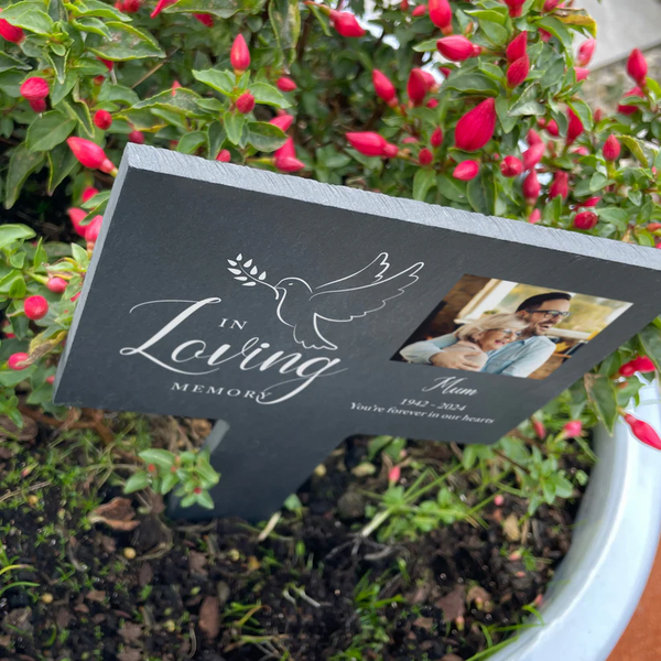 Personalised Dove In Loving Memory Photo Upload Slate Garden Sign