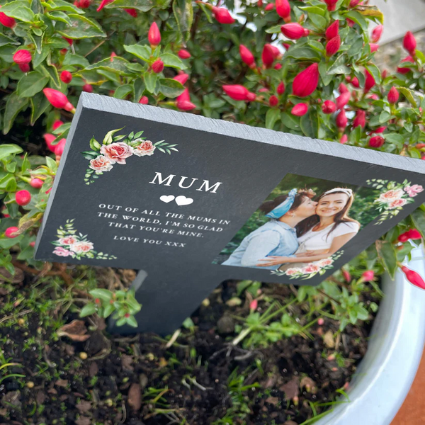 Personalised Pink Floral Photo Upload Plant Slate Garden Sign