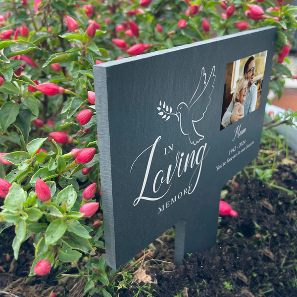 Personalised Dove In Loving Memory Photo Upload Slate Garden Sign