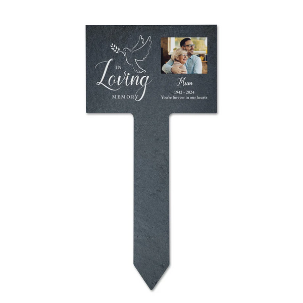 Personalised Dove In Loving Memory Photo Upload Slate Garden Sign