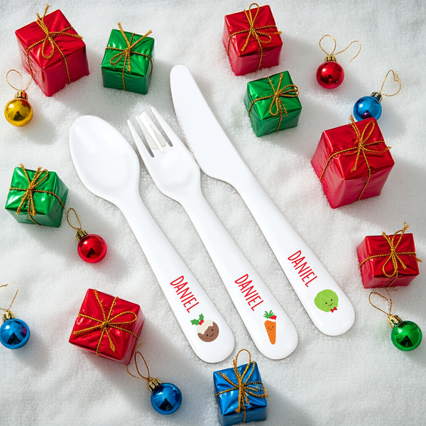 Personalised 'First Christmas Dinner' 3 Piece Plastic Cutlery Set