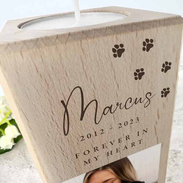 Personalised Wooden Photo Upload Pet Memorial Tealight Candle Holder