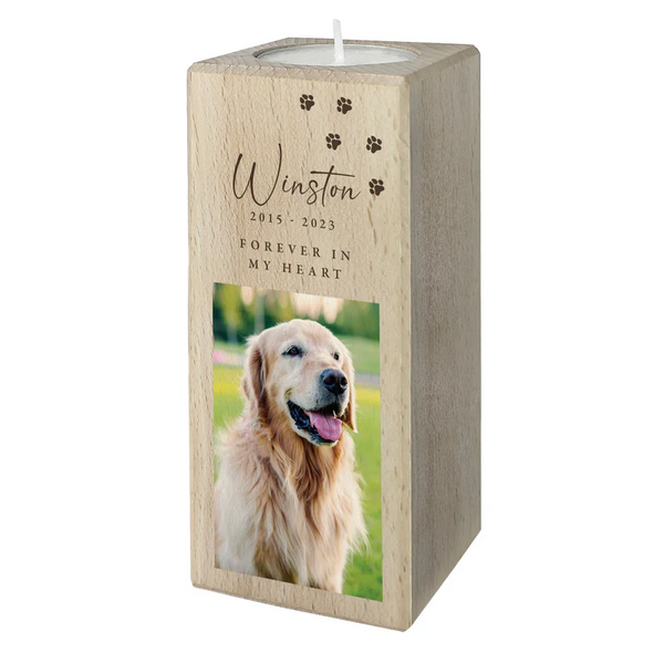 Personalised Wooden Photo Upload Pet Memorial Tealight Candle Holder