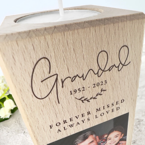 Personalised Wooden Photo Upload Memorial Tealight Candle Holder