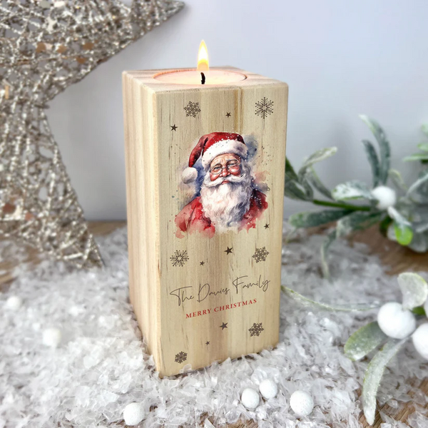 Personalised Traditional Santa Wooden Tealight Candle Holder