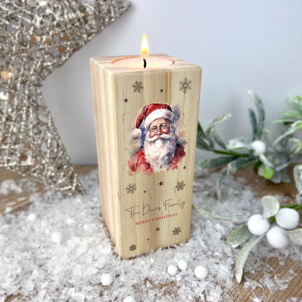 Personalised Traditional Santa Wooden Tealight Candle Holder