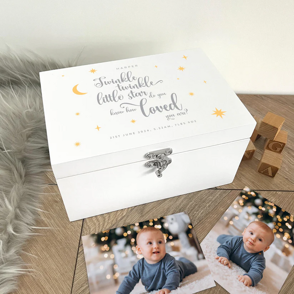 Personalised Twinkle Twinkle New Baby White Wooden Memory Box