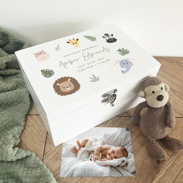 Personalised Jungle Animals New Baby White Wooden Memory Box