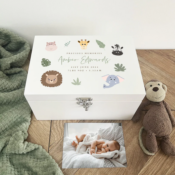 Personalised Jungle Animals New Baby White Wooden Memory Box