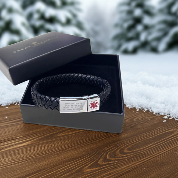 Personalised Men's Woven Leather Medical Bracelet