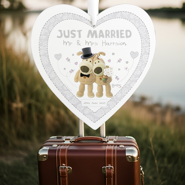 Personalised Boofle Wedding Large Wooden Heart Hanging Decoration