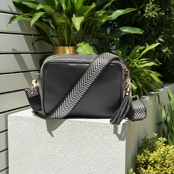 Personalised Elie Beaumont Cross Body Black Leather Bag with Choice of Strap
