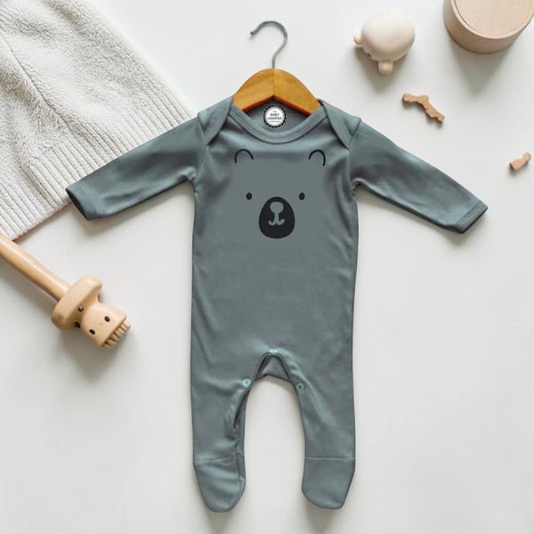 Newborn Baby Sleepsuit, Grey, Bear Face print