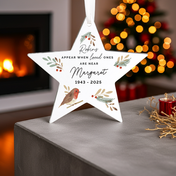 Personalised Robin Memorial Star Hanging Decoration