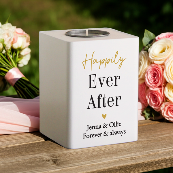 Personalised Black & Gold Free Text White Wooden Tealight Candle Holder