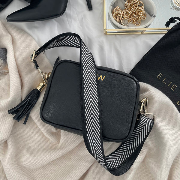 Personalised Elie Beaumont Cross Body Black Leather Bag with Choice of Strap