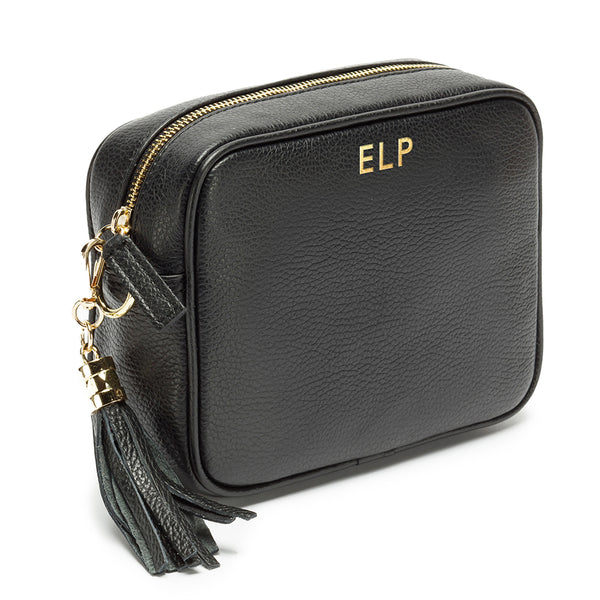Personalised Elie Beaumont Cross Body Black Leather Bag with Choice of Strap