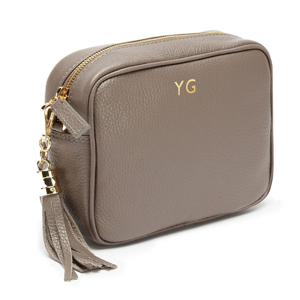 Personalised Elie Beaumont Cross Body Grey Leather Bag with Choice of Strap