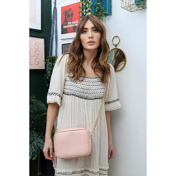Personalised Elie Beaumont Cross Body Pink Leather Bag with Choice of Strap