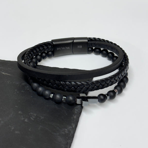 Personalised Men's Beaded and Stacked Leather Cross Bracelet Black