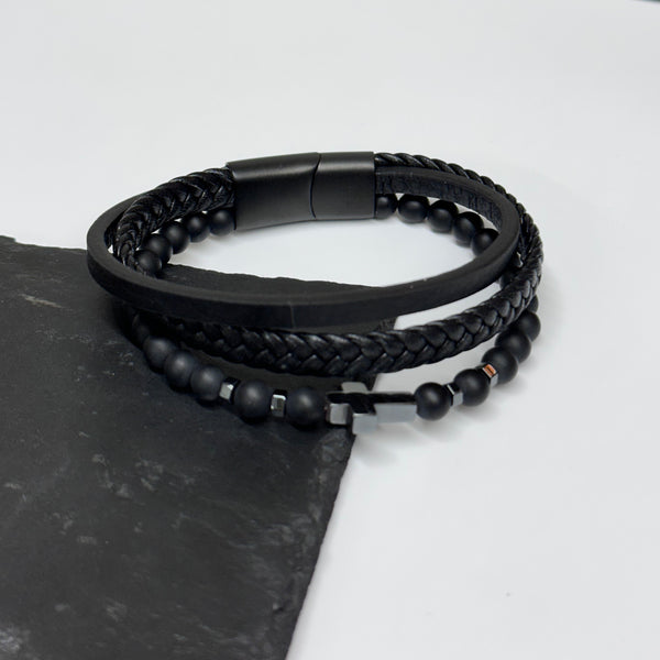 Personalised Men's Beaded and Stacked Leather Cross Bracelet Black