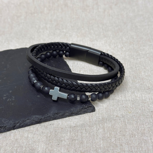 Personalised Men's Beaded and Stacked Leather Cross Bracelet Black