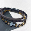 Personalised Men's Dual Tiger's Eye and Leather Cross Bracelet