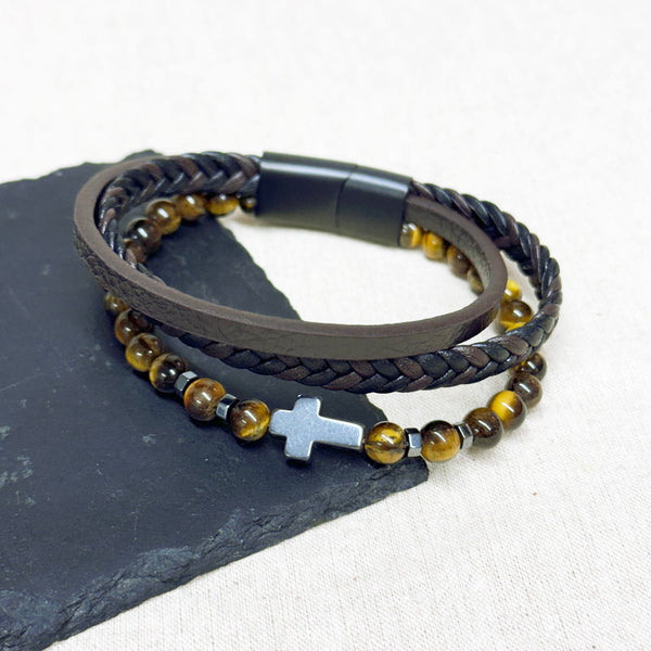 Personalised Men's Dual Tiger's Eye and Leather Cross Bracelet