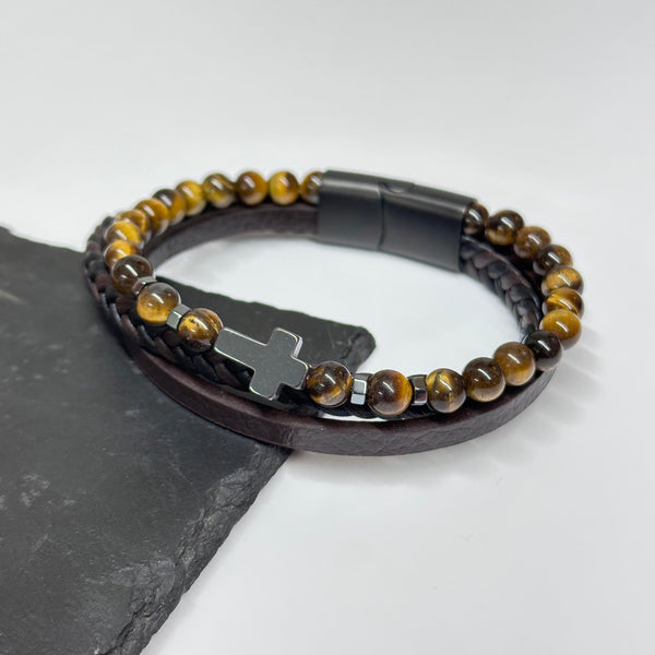 Personalised Men's Dual Tiger's Eye and Leather Cross Bracelet
