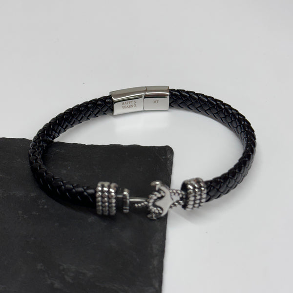 Personalised Men's Woven Leather Anchor Bracelet Black