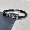 Personalised Men's Woven Leather Anchor Bracelet Black