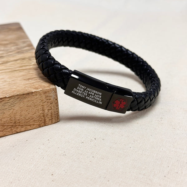Personalised Men's Woven Leather Medical Bracelet