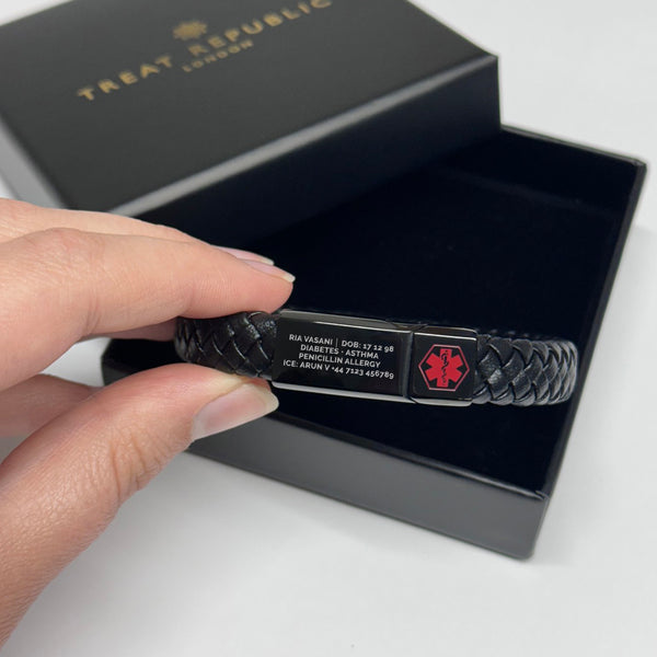 Personalised Men's Woven Leather Medical Bracelet