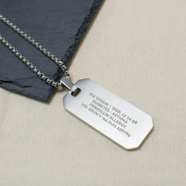 Personalised Men's Brushed Stainless Steel Medical Dog Tag Necklace
